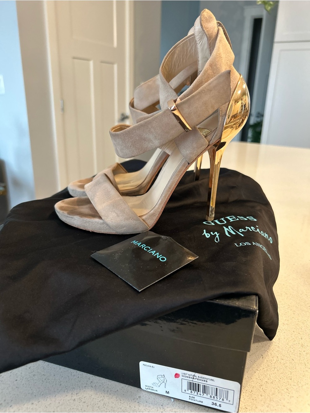 GUESS by Marciano Beige Suede Strappy High Heel Sandals